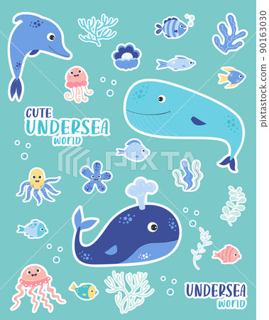 Stickers Cute sea animals, blue whale and dolphin, fish and jellyfish, starfish and octopus, seaweed and pearl. Vector illustration. Isolated elements. Underwater world collection for design 90163030