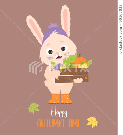 Cute rabbit in rubber boots with box of autumn vegetables. Vector illustration. Autumn card with funny hare character and inscription - Happy autumn time for design, print, postcards, flyers 90163032