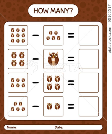 How many counting game with owl. worksheet for preschool kids, kids activity sheet 90163517