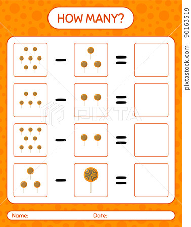 How many counting game with lollipop. worksheet for preschool kids, kids activity sheet How many counting game with lollipop. worksheet for preschool kids, kids activity sheet 90163519