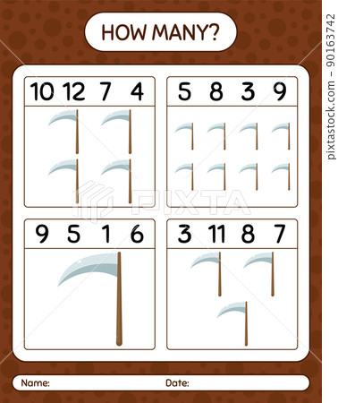 How many counting game with scythe. worksheet for preschool kids, kids activity sheet How many counting game with scythe. worksheet for preschool kids, kids activity sheet 90163742