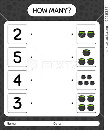 How many counting game with cauldron. worksheet for preschool kids, kids activity sheet 90163854