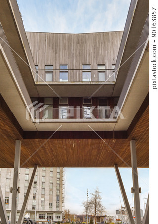 Balcony with metal railings door with glass 90163857