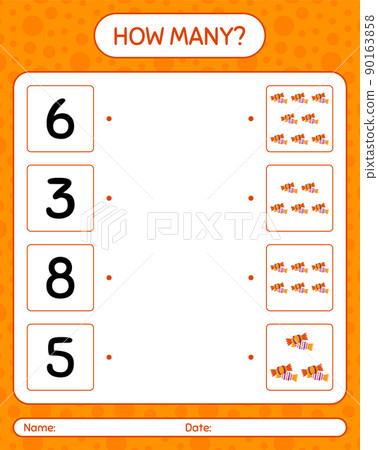 How many counting game with candy. worksheet for preschool kids, kids activity sheet 90163858