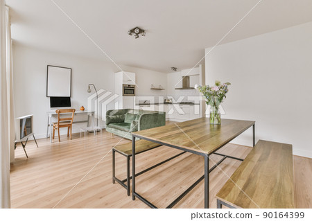 Contemporary luxury design of living room with open kitchen near window Contemporary luxury design of living room with open kitchen near window 90164399