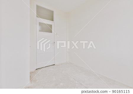 Light narrow hallway with many doors in white walls and glowing lamp over lumber floor 90165115