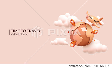 Airplane flies around the planet in beautiful white clouds. Airplane flies around the planet in beautiful white clouds. 90166034