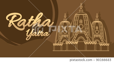 Ratha yatra festival A chariot with wooden deities of Jagannath, Baladeva and Subhadra. Holiday banner greeting card Vector illustration 90166683