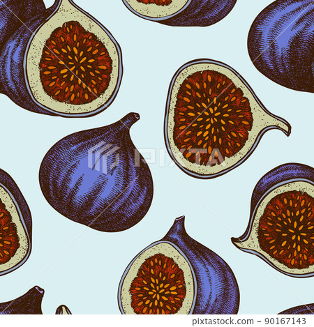 Fruits seamless pattern background design. Engraved style. Hand drawn fig. Fruits seamless pattern background design. Engraved style. Hand drawn fig. 90167143