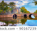 Amsterdam Downtown. Beautiful sky at sunrise, old houses, canals and bridges. Calm reflections in the water. Heart of Amsterdam. 90167239