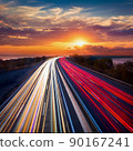 trails  lines of cars on the asphalt road. Sunset time with clouds and sun. Drive forward! Transport creative background. Long exposure, motion and blur. 90167241