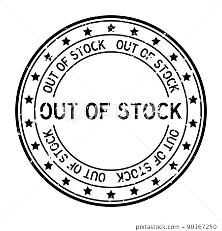 Grunge black out of stock word with star icon round rubber seal stamp on white background 90167250