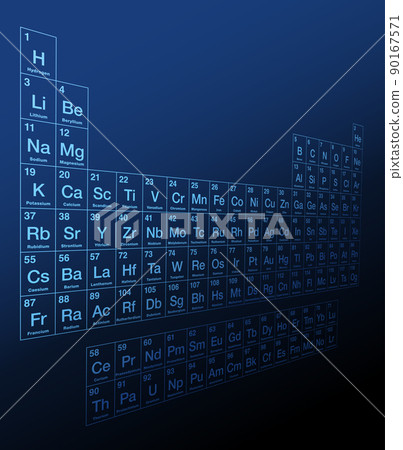 Periodic table of elements. Three dimensional side view of a blue colored Periodic table on dark blue background. Tabular display of 118 known chemical elements with atomic numbers, names and symbols. 90167571