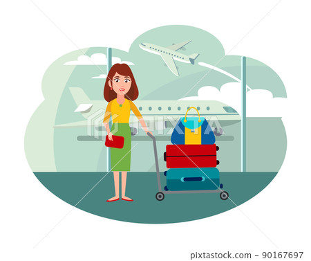 Woman with Trolley full of Baggage at Airport Woman with Trolley full of Baggage at Airport 90167697