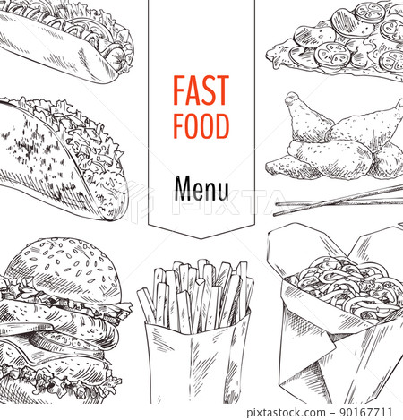 Fast Food Menu Sketches Set Vector Illustration 90167711