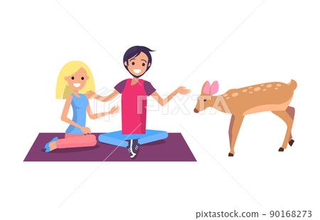 Man and Woman Sit on Blanket Feeding Deer Vector Man and Woman Sit on Blanket Feeding Deer Vector 90168273