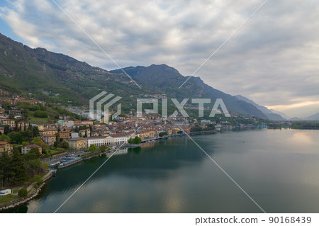 Lake Iseo at morning and on the left Lovere city 90168439