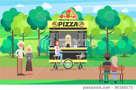 Delicious Pizza Street Cart with Vendor in Park Delicious Pizza Street Cart with Vendor in Park 90168573