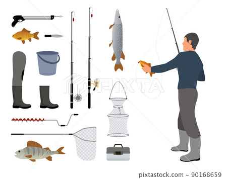 Fishing Man and Fish Items Set Vector Illustration Fishing Man and Fish Items Set Vector Illustration 90168659