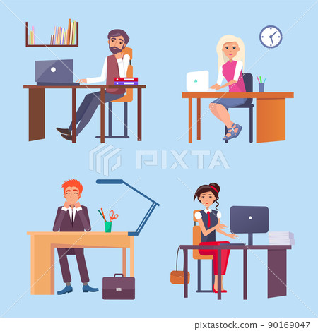 Office Employees Sit at Desks with Computers Set Office Employees Sit at Desks with Computers Set 90169047