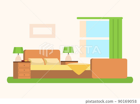 Bedroom with Soft Spacious Bed near Large Window 90169058