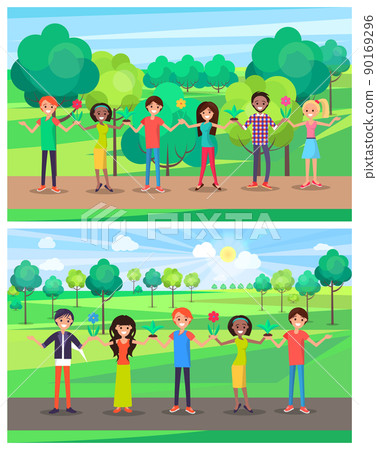 Smiling Man and Woman with Potted Plants in Hands Smiling Man and Woman with Potted Plants in Hands 90169296