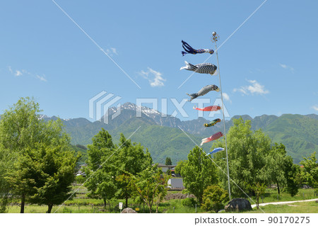 Hakushu-cho, Hokuto City, carp streamer swimming in the clear sky in May, the background is Mt. Kaikoma in the Southern Alps 90170275