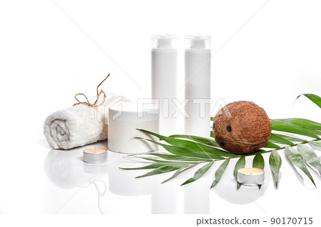 Organic cosmetics with coconut on white background. 90170715
