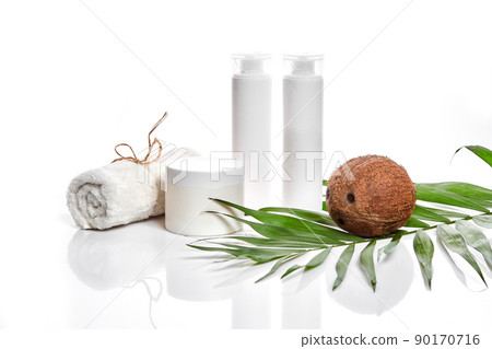 Organic cosmetics with coconut on white background. 90170716