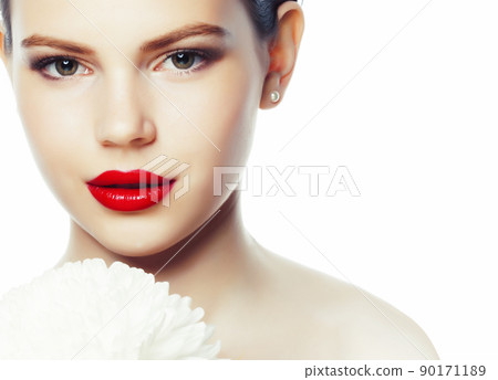young brunette woman close up isolated on white background with flower, spa healthcare people concept close up young brunette woman close up isolated on white background with flower, spa healthcare people concept close up 90171189