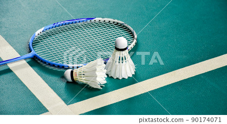Badminton sports equipments, racket, shuttlecocks and shoes, on court, Badminton sports equipments, racket, shuttlecocks and shoes, on court, 90174071
