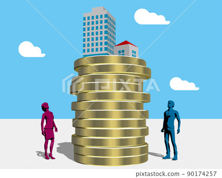 Silhouettes of men and women looking up at houses where prices are soaring Vector illustration 90174257