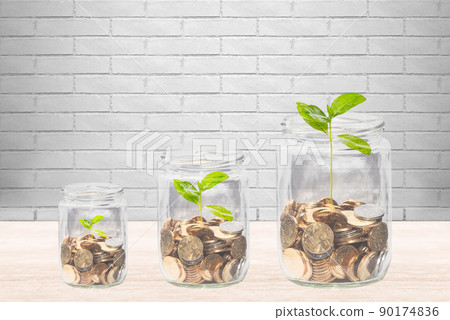 Coins in a glass jar with upwardly growing seedlings Coins in a glass jar with upwardly growing seedlings 90174836