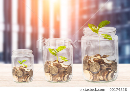 Coins in a glass jar with upwardly growing seedlings 90174838