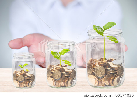Coins in a glass jar with upwardly growing seedlings Coins in a glass jar with upwardly growing seedlings 90174839