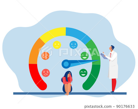 People are on the mood scale,Emotion overload, burnout and fatigue from work. Stress level meter gauge emotion stages. 90176633
