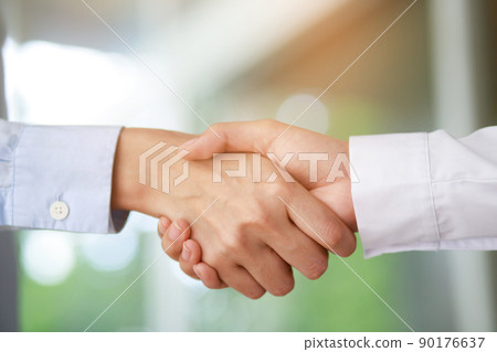 Closeup of a business hand shake between two colleagues Plaid shirt 90176637
