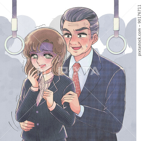 一個老卡通風格擁擠火車的插圖，一個被騷擾者嚇壞的女人 90176711