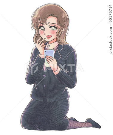 一個 20 多歲的女人因拿著復古女孩卡通風格的智能手機而震驚的插圖 90176714