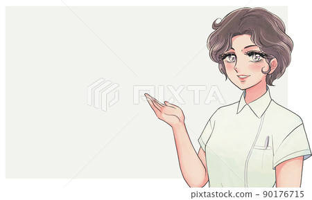 80's shojo manga style, a nurse in a white coat to introduce 90176715
