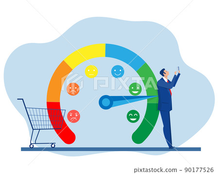 Businessman Scale from red to green with arrow and scale of satisfaction; review; feedback ,emotion , comment customer concept. Illustration 90177526