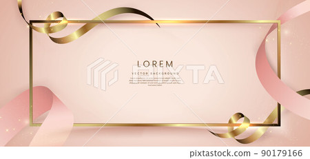 Abstract 3d gold curved ribbon on rose gold background with lighting effect and sparkle with copy space for text. Luxury frame design style. 90179166