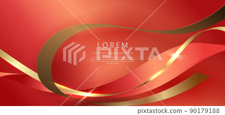 Abstract 3d gold curved red ribbon on red background with bll lighting effect and sparkle with copy space for text. Luxury design style. 90179188