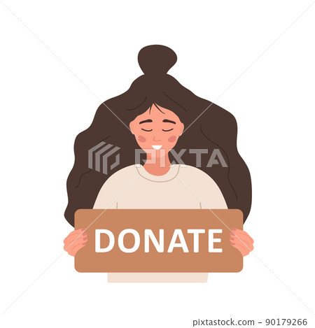 Donation and charity concept. Volunteer woman holding in hands cardboard sign Donate. Support for homeless and poor people. Vector illustration in cartoon style Donation and charity concept. Volunteer woman holding in hands cardboard sign Donate. Support for homeless and poor people. Vector illustration in cartoon style 90179266