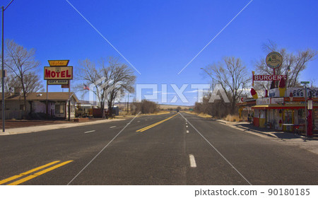 American Route 66, straight roads and blue skies from the city to the wilderness 90180185