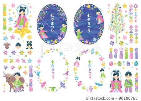 July Tanabata Festival Orihime and Hikoboshi Illustration Material Vertical Round Frame Set 90180763
