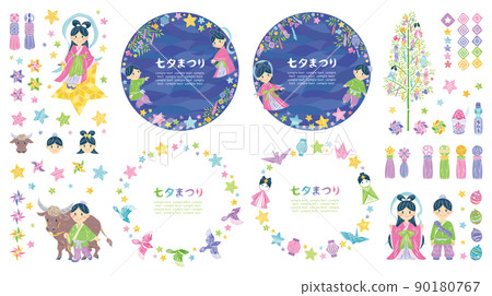 7 月七夕節 Orihime 和 Hikoboshi 插圖素材圓形框架集 90180767