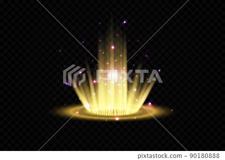 Magic fantasy portal. Futuristic teleport. Light effect. Blue candles rays of a night scene with sparks on a transparent background. Empty light effect of the podium. Disco club dancefloor. 90180888