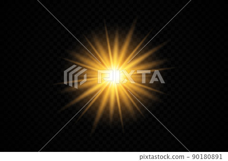 Set glow light effect with white sparks and golden stars shine with special light.White glowing light. Star Light from the rays. The sun is backlit. Bright beautiful star. Sunlight. EPS10. 90180891