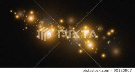Set glow light effect with white sparks and golden stars shine with special light.White glowing light. Star Light from the rays. The sun is backlit. Bright beautiful star. Sunlight. EPS10. 90180907